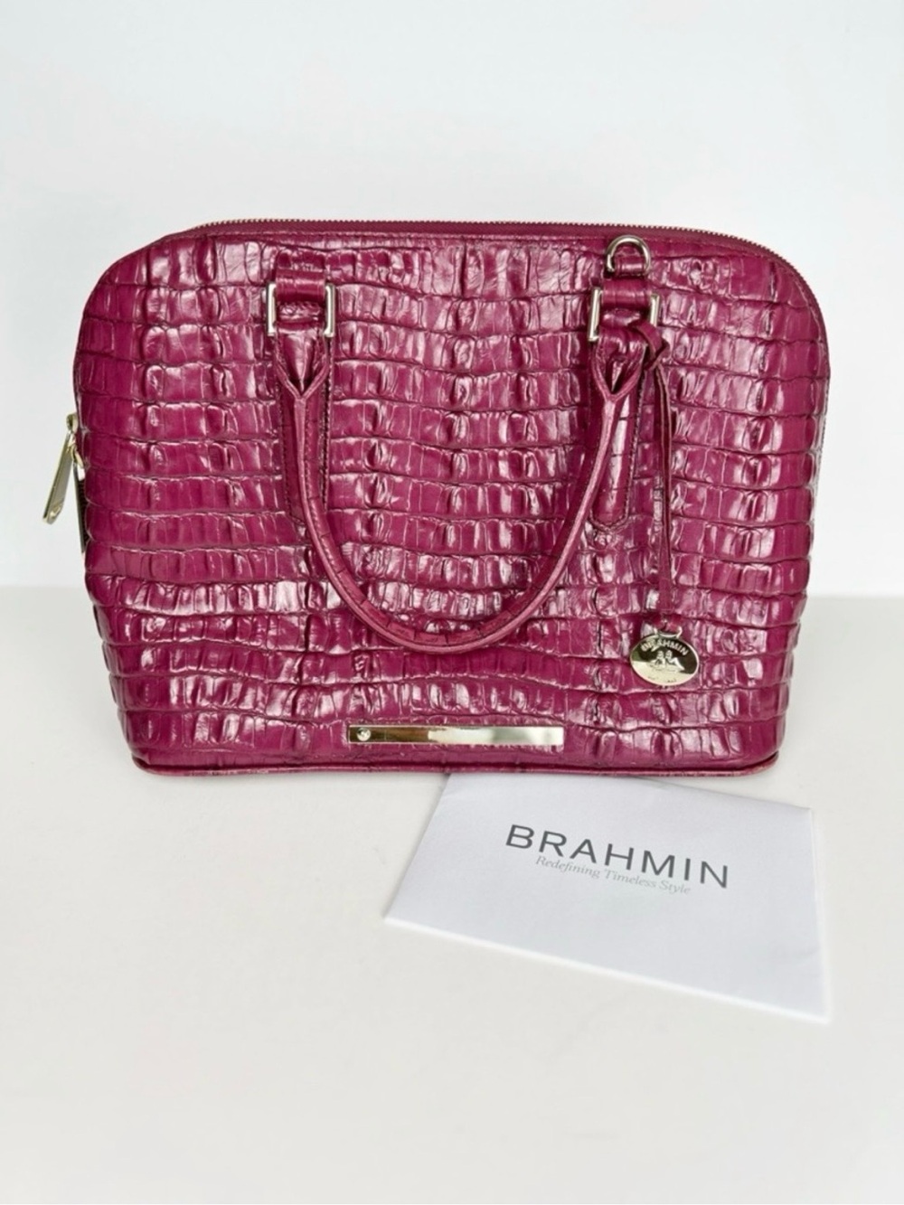 Brahmin La Scala Purple Pink Croc Embossed Boysenberry Vivian Dome Satchel